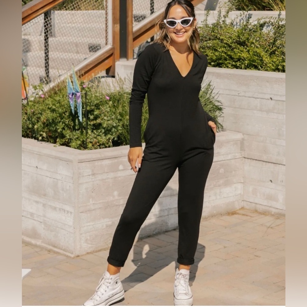 Smash + Tess The Friday Romper Jumpsuit Long Sleeve Black Lounge Bamboo XS EUC